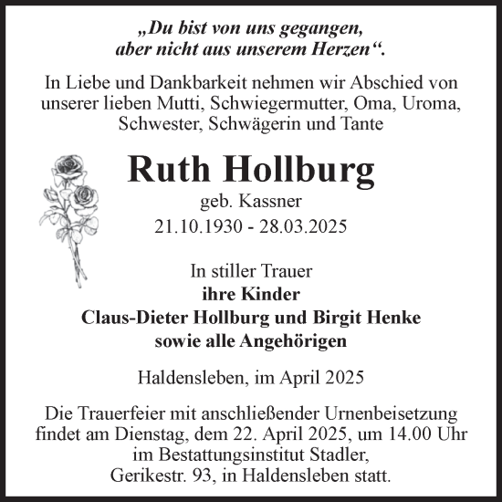 Traueranzeige von Ruth Hollburg von Volksstimme Haldensleben/Wolmirstedt