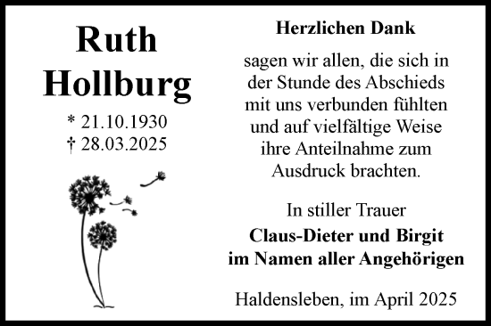 Traueranzeige von Ruth Hollburg von Volksstimme Haldensleben/Wolmirstedt
