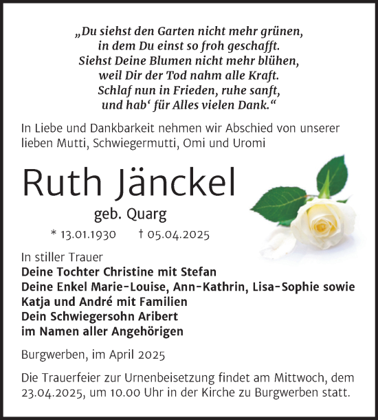 Traueranzeige von Ruth Jänckel von Trauerkombi Weißenfels