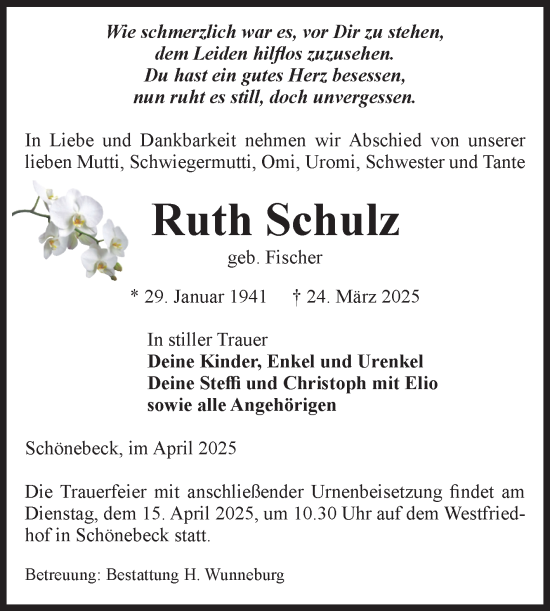 Traueranzeige von Ruth Schulz von Volksstimme Schönebeck