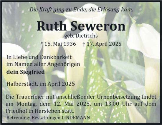 Traueranzeige von Ruth Seweron von Volksstimme Halberstadt