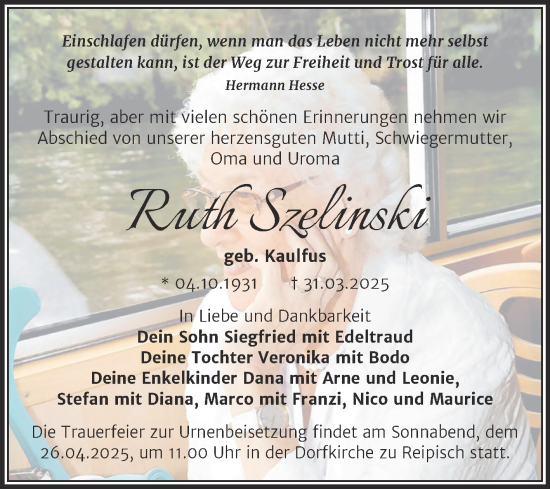 Traueranzeige von Ruth Szelinski von Trauerkombi Merseburg