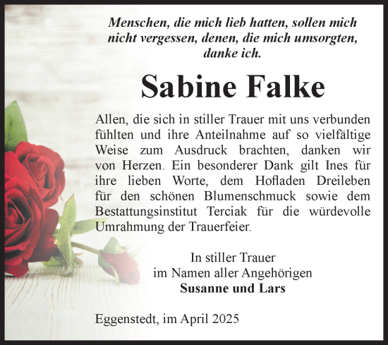 Traueranzeige von Sabine Falke von Volksstimme Oschersleben/Wanzleben