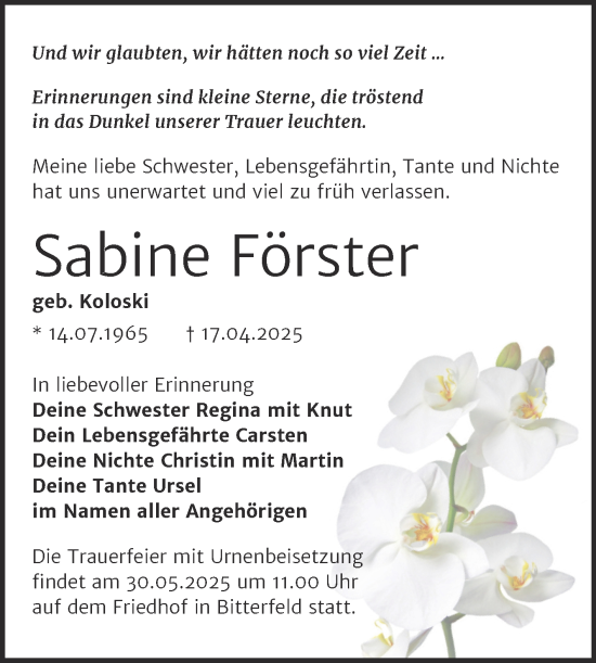 Traueranzeige von Sabine Förster von Trauerkombi Bitterfeld