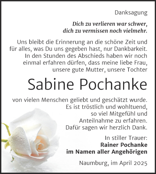 Traueranzeige von Sabine Pochanke von Super Sonntag Naumburg/Nebra