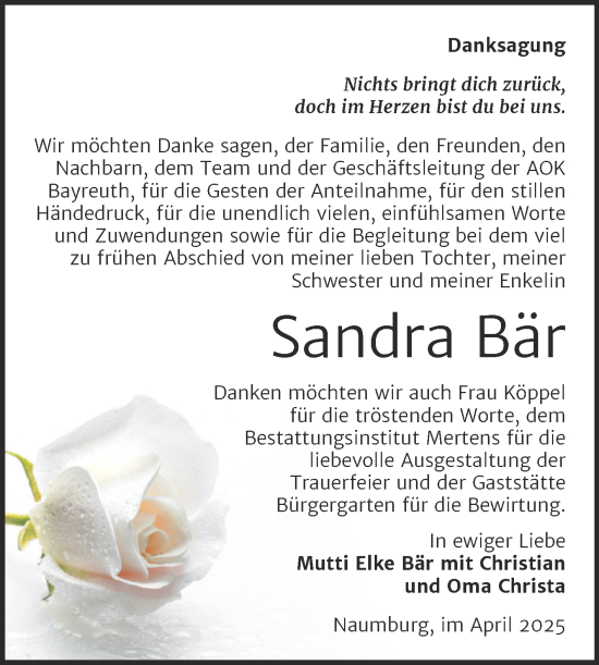 Traueranzeige von Sandra Bär von Super Sonntag Naumburg/Nebra