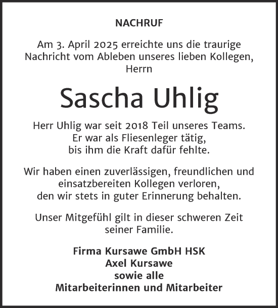 Traueranzeige von Sascha Uhlig von Super Sonntag Mansfelder Land