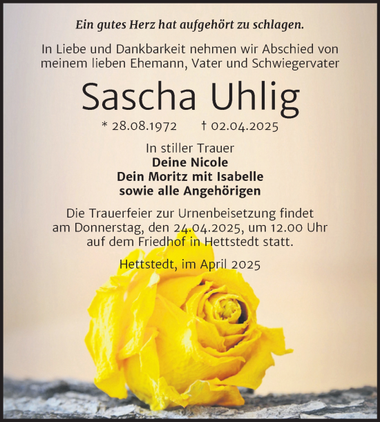 Traueranzeige von Sascha Uhlig von Trauerkombi Mansfelder Land