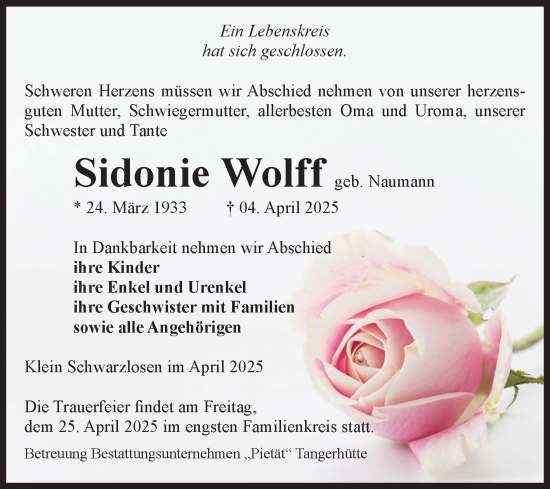 Traueranzeige von Sidonie Wolff von Volksstimme Altmark Ost