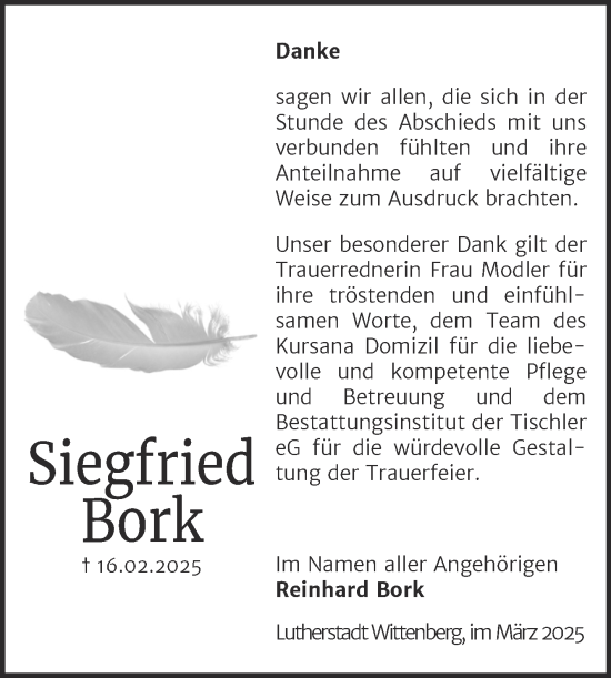 Traueranzeige von Siegfried Bork von Trauerkombi Wittenberg