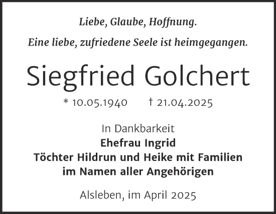 Traueranzeige von Siegfried Golchert von Trauerkombi Bernburg