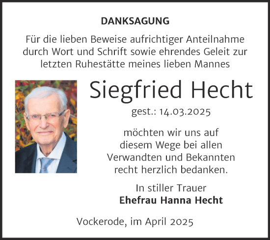 Traueranzeige von Siegfried Hecht von Trauerkombi Wittenberg