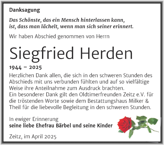 Traueranzeige von Siegfried Herden von Trauerkombi Zeitz