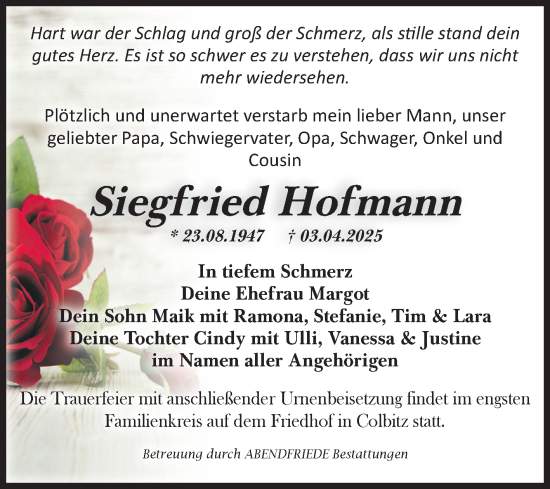 Traueranzeige von Siegfried Hofmann von Volksstimme Haldensleben/Wolmirstedt