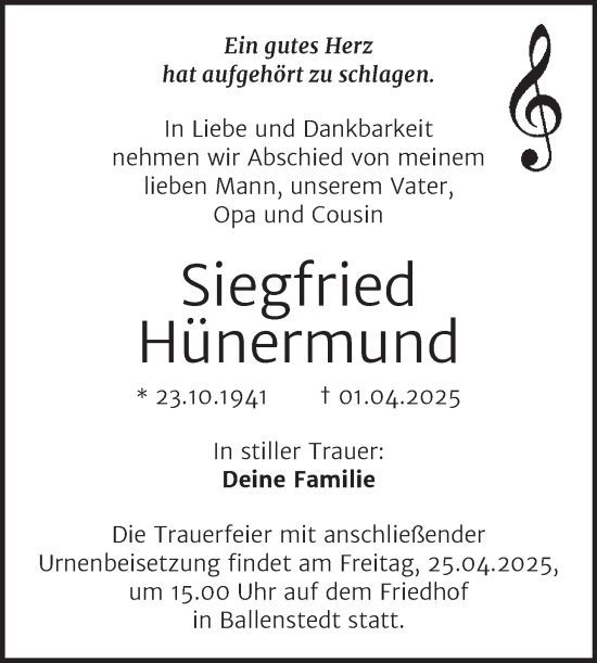 Traueranzeige von Siegfried Hünermund von Trauerkombi Quedlinburg