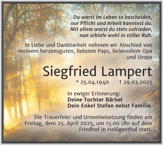 Traueranzeige von Siegfried Lampert von Trauerkombi Mansfelder Land