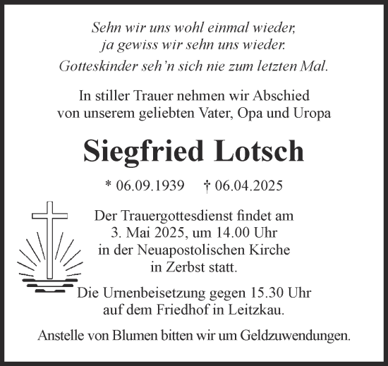 Traueranzeige von Siegfried Lotsch von Volksstimme Burg/Genthin
