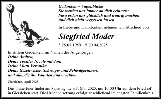 Traueranzeige von Siegfried Moder von Trauerkombi Aschersleben