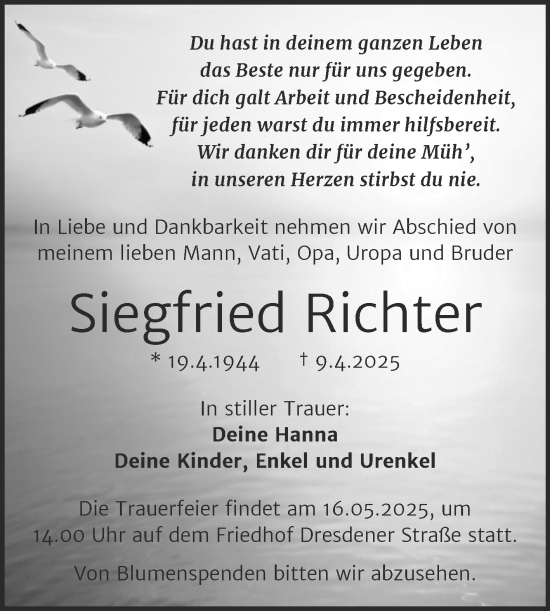 Traueranzeige von Siegfried Richter von Trauerkombi Wittenberg
