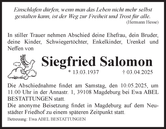 Traueranzeige von Siegfried Salomon von Volksstimme Magdeburg