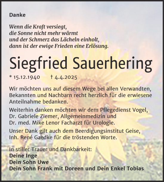 Traueranzeige von Siegfried Sauerhering von Trauerkombi Köthen