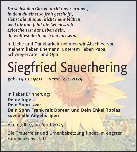Traueranzeige von Siegfried Sauerhering von Trauerkombi Köthen