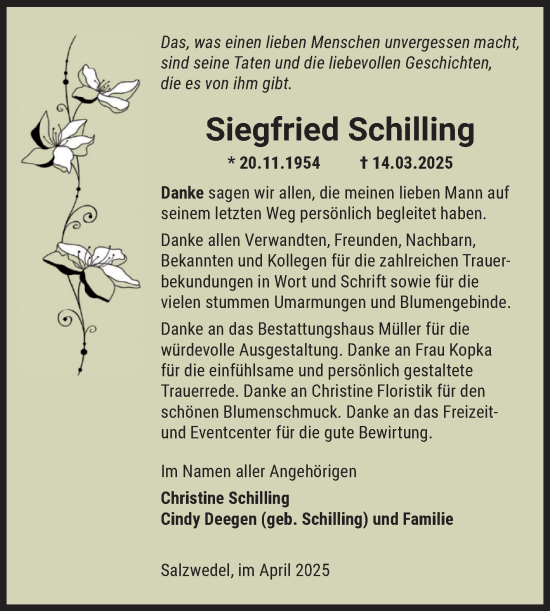 Traueranzeige von Siegfried Schilling von Volksstimme Altmark West