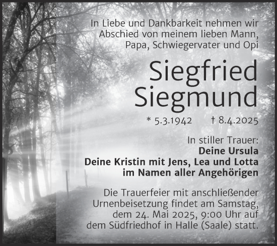 Traueranzeige von Siegfried Siegmund von Mitteldeutsche Zeitung Halle/Saalkreis