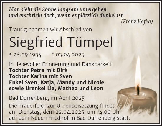 Traueranzeige von Siegfried Tümpel von Trauerkombi Merseburg