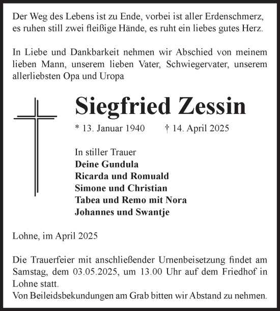 Traueranzeige von Siegfried Zessin von Volksstimme Altmark Ost