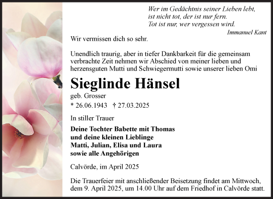 Traueranzeige von Sieglinde Hänsel von Volksstimme Haldensleben/Wolmirstedt