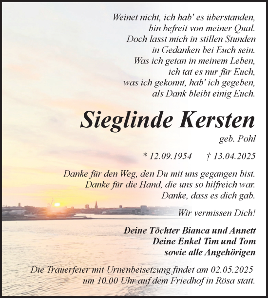 Traueranzeige von Sieglinde Kersten von Trauerkombi Bitterfeld