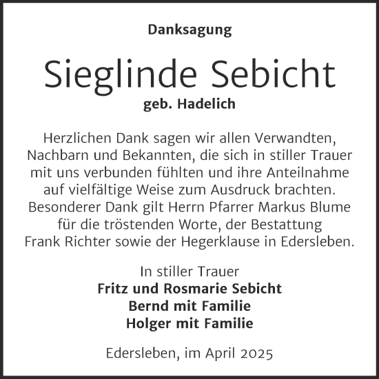 Traueranzeige von Sieglinde Sebicht von Trauerkombi Sangerhausen