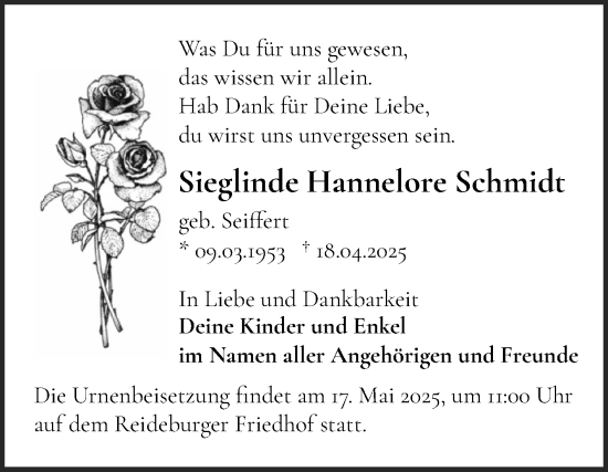 Traueranzeige von Sieglinde Hannelore Schmidt von Mitteldeutsche Zeitung Halle/Saalkreis
