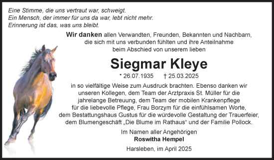 Traueranzeige von Siegmar Kleye von Volksstimme Halberstadt