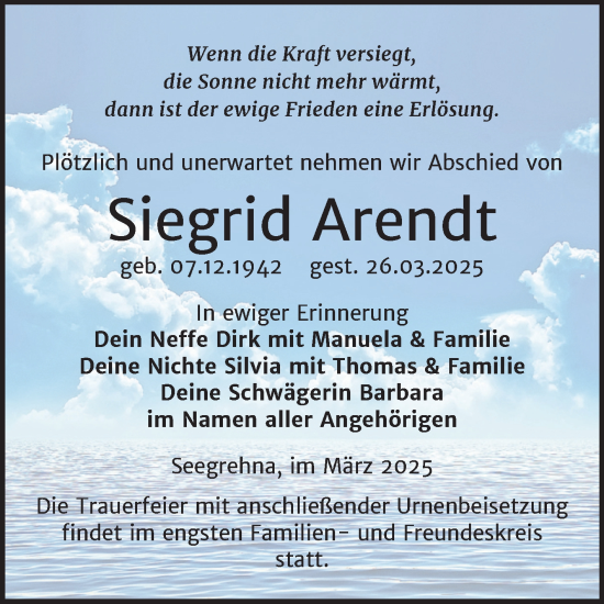 Traueranzeige von Siegrid Arendt von Trauerkombi Wittenberg