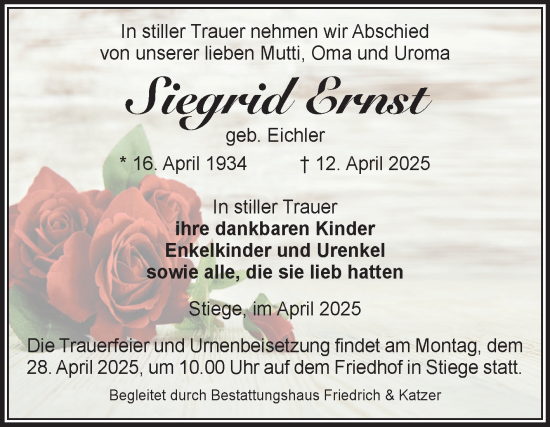Traueranzeige von Siegrid Ernst von Volksstimme Wernigerode