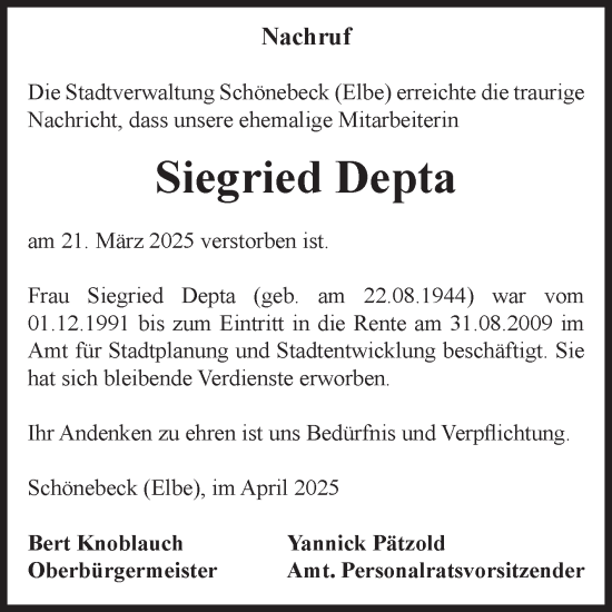 Traueranzeige von Siegried Depta von Volksstimme Schönebeck