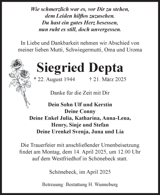 Traueranzeige von Siegried Depta von Volksstimme Schönebeck