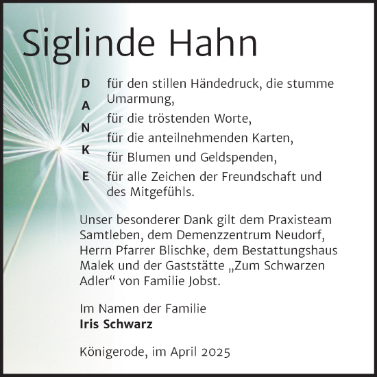 Traueranzeige von Siglinde Hahn von Trauerkombi Quedlinburg
