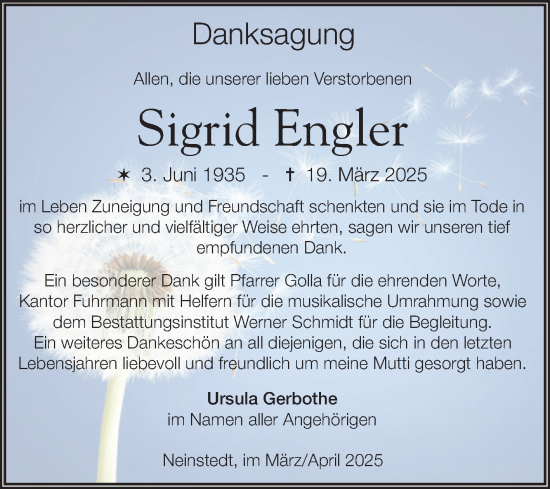 Traueranzeige von Sigrid Engler von Trauerkombi Quedlinburg