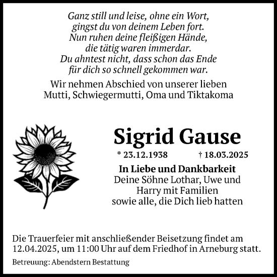 Traueranzeige von Sigrid Gause von Volksstimme Altmark Ost