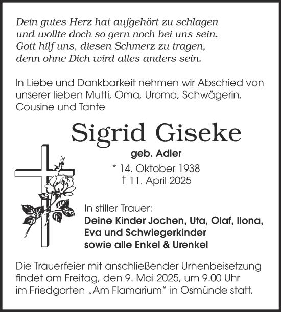 Traueranzeige von Sigrid Giseke von Mitteldeutsche Zeitung Halle/Saalkreis