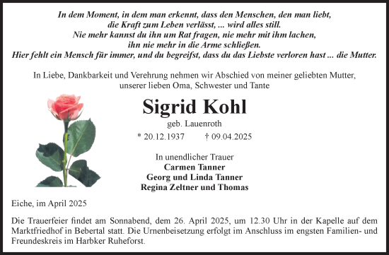 Traueranzeige von Sigrid Kohl von Volksstimme Haldensleben/Wolmirstedt