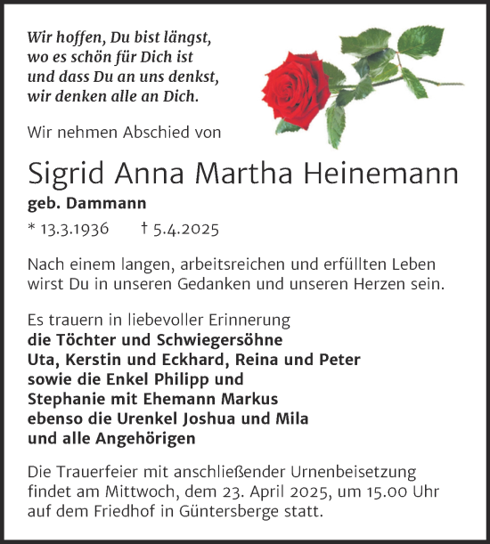 Traueranzeige von Sigrid Anna Martha Heinemann von Trauerkombi Quedlinburg