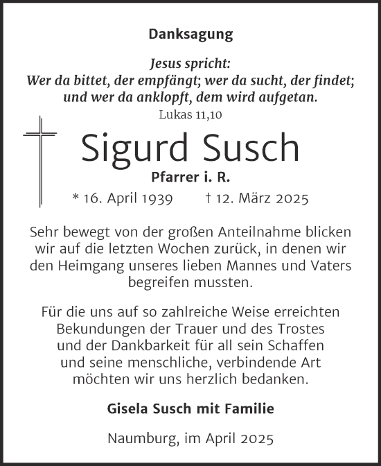 Traueranzeige von Sigurd Susch von Naumburger Tageblatt