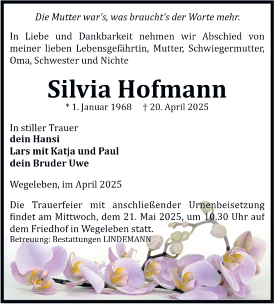 Traueranzeige von Silvia Hofmann von Volksstimme Halberstadt