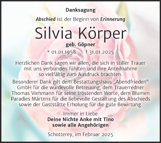Traueranzeige von Silvia Körper von Trauerkombi Merseburg