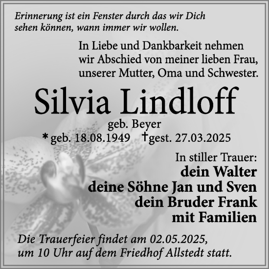 Traueranzeige von Silvia Lindloff von Super Sonntag Sangerhausen