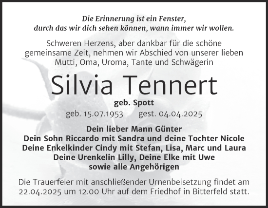 Traueranzeige von Silvia Tennert von SuperSonntag Bitterfeld